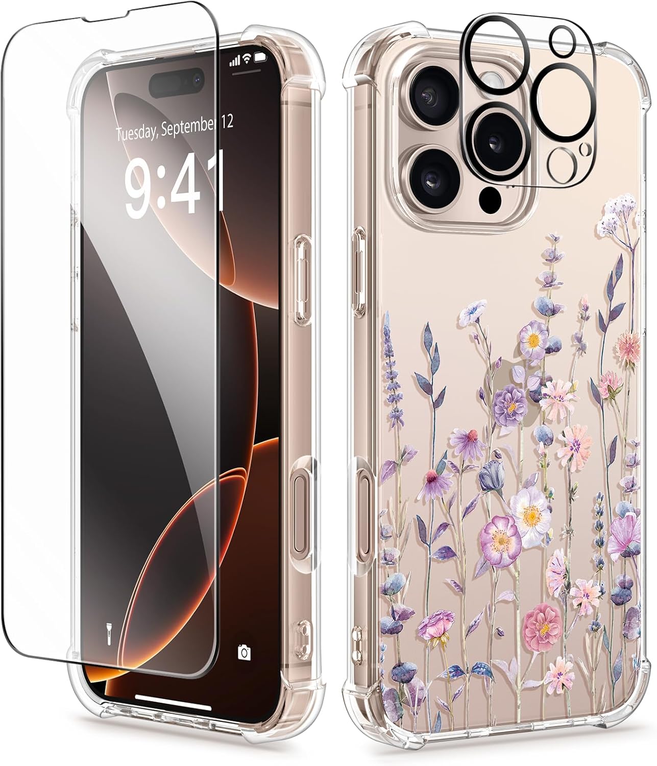 GVIEWIN Compatible with iPhone 16 Pro Case Floral, with Screen ProtectorCamera Lens Protector [Not Yellowing] Slim Shockproof Protective Clear Flower Women Phone Cover 6.3 (Floratopia/Colorful)