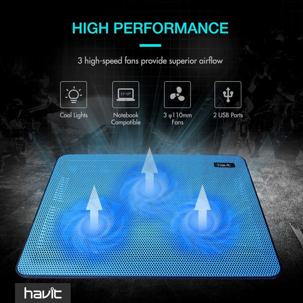 havit Laptop Cooling Pad, HV-F2056 15.6-17 Slim Portable USB Powered (3 Fans), Black/Blue