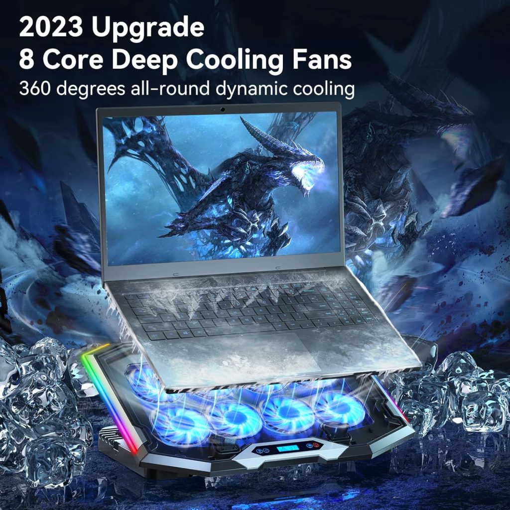 ICE COOREL Gaming Laptop Cooling Pad with 8 Cooling Fans, Laptop Fan Cooler Pad for 15-17.3 Inch, Notebook Cooler Stand with 6 Height Adjustable, RGB Cooling Pad with Two USB Port + Phone Stand