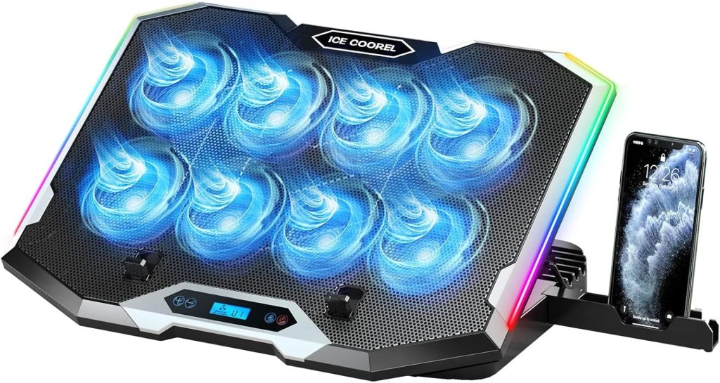 ICE COOREL Gaming Laptop Cooling Pad with 8 Cooling Fans, Laptop Fan Cooler Pad for 15-17.3 Inch, Notebook Cooler Stand with 6 Height Adjustable, RGB Cooling Pad with Two USB Port + Phone Stand