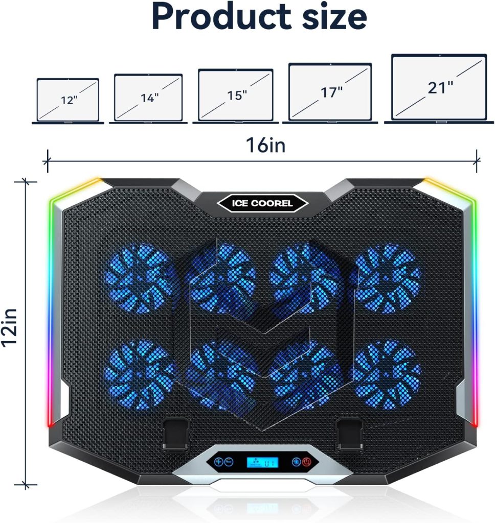 ICE COOREL Gaming Laptop Cooling Pad with 8 Cooling Fans, Laptop Fan Cooler Pad for 15-17.3 Inch, Notebook Cooler Stand with 6 Height Adjustable, RGB Cooling Pad with Two USB Port + Phone Stand