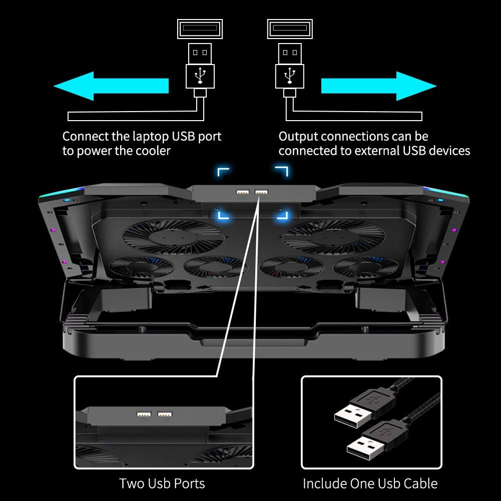 ICE COOREL Gaming Laptop Cooling Pad with 8 Cooling Fans, Laptop Fan Cooler Pad for 15-17.3 Inch, Notebook Cooler Stand with 6 Height Adjustable, RGB Cooling Pad with Two USB Port + Phone Stand