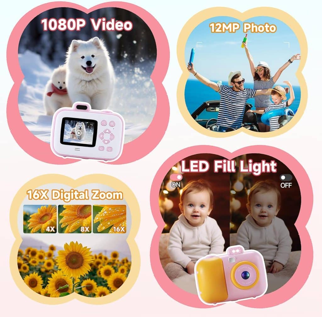 Kids Camera Instant Print for Girls Boys Age 3-12 Kids Toys, 12MP 1080P Kids Digital Cameras Christmas Birthday Gifts for 4 5 6 7 8 9 10 Year Old Girls, Toddler Camera Girls Toys