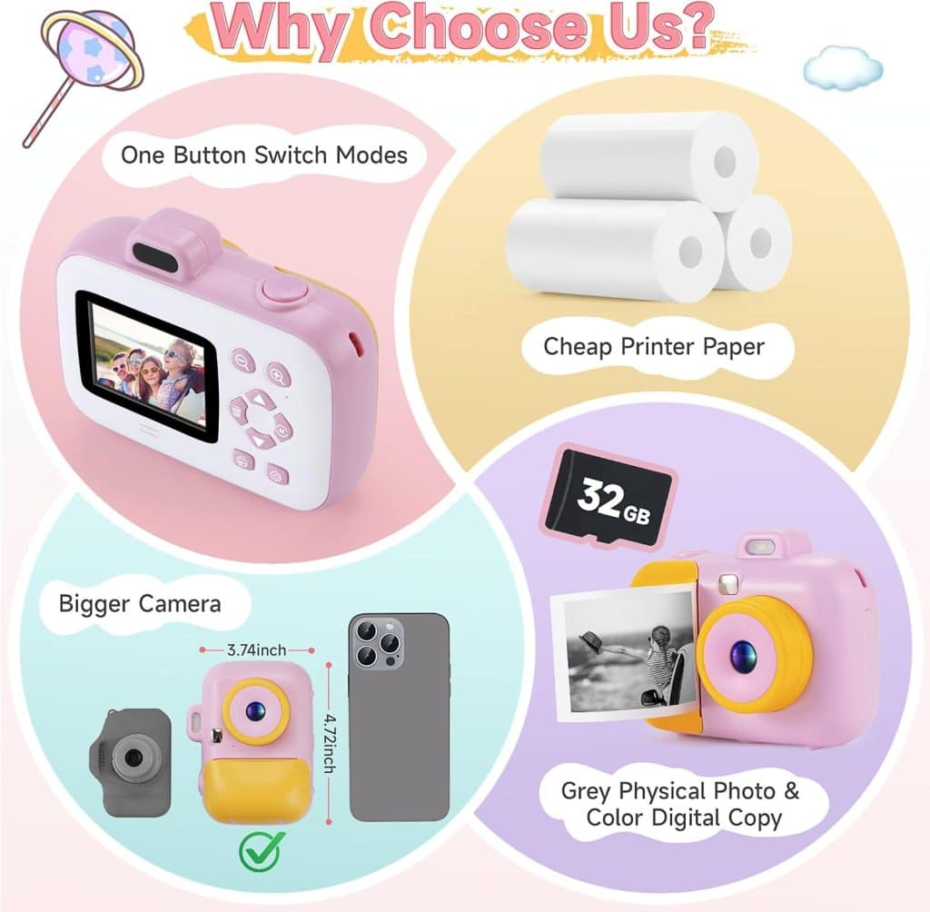 Kids Camera Instant Print for Girls Boys Age 3-12 Kids Toys, 12MP 1080P Kids Digital Cameras Christmas Birthday Gifts for 4 5 6 7 8 9 10 Year Old Girls, Toddler Camera Girls Toys