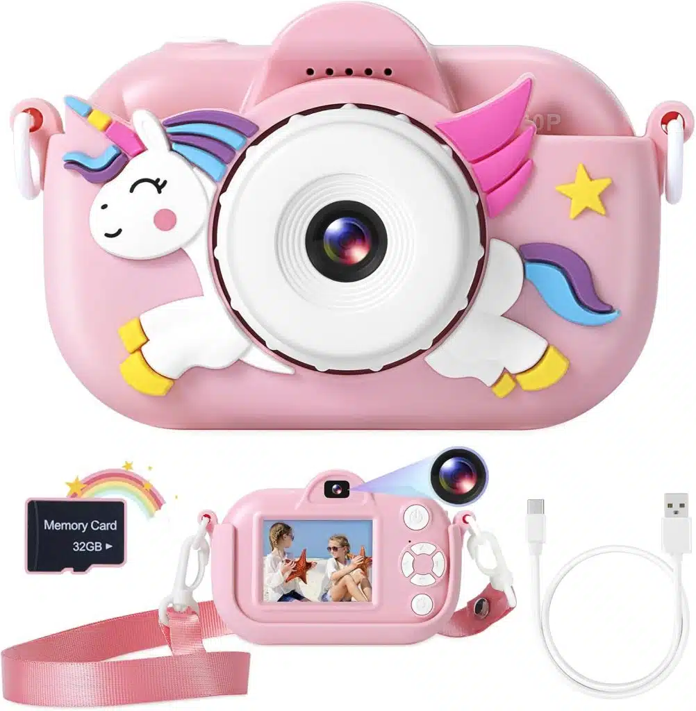 Kids Camera Toys for Girls Age 3-8, Kids Digital Camera Toddler Camera for 3 4 5 6 7 8 Years Old Birthday Gifts, 1080P Video Camera with Cute Protective Cover 32GB SD Card