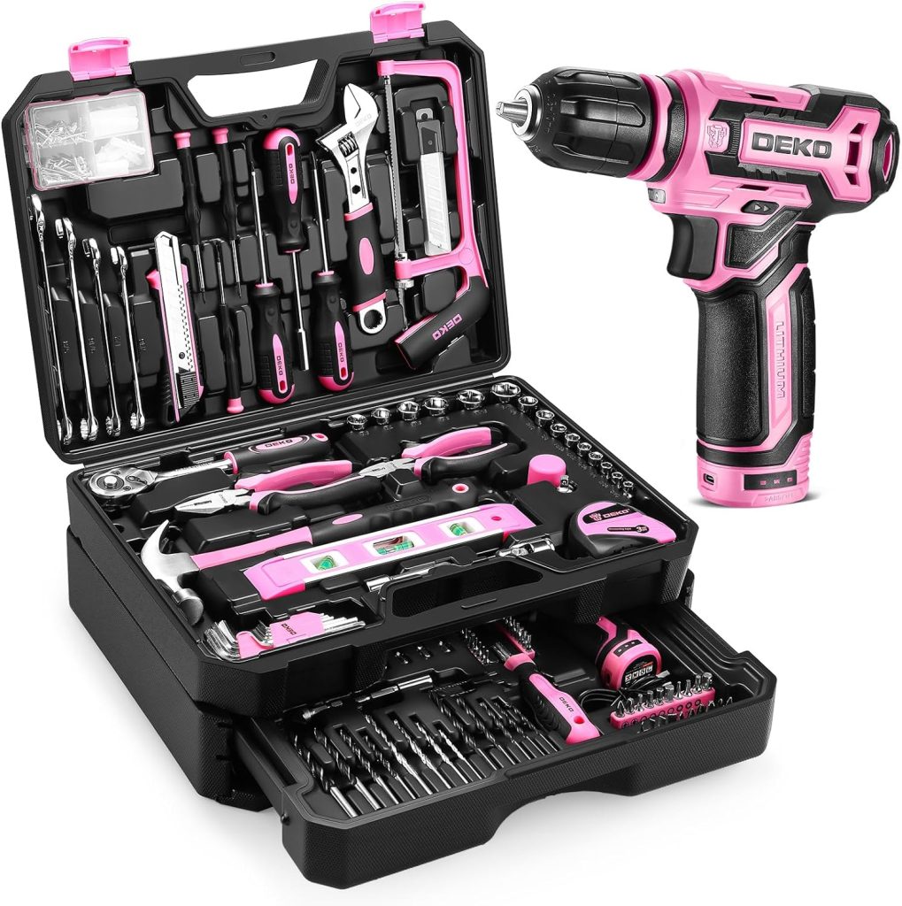 Pink Tool Kit Box Drill Set：DEKOPRO Home Mechanic Toolbox with 12V Power Cordless Drill Hand Repair Tools Sets Combo Kits Storage Organizer Drawer Case for Women