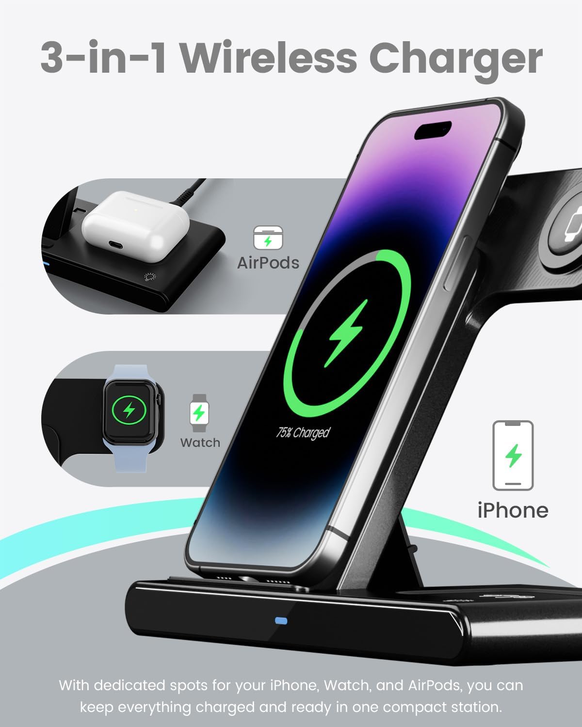 Wireless Charger iPhone Charging Station: 3 in 1 Charger Stand Multiple Devices for Apple - iPhone 15 14 Pro Max 13 12 11 - Watch 8 7 6 5 4 3 2 Se - Airpods 3 2 Pro