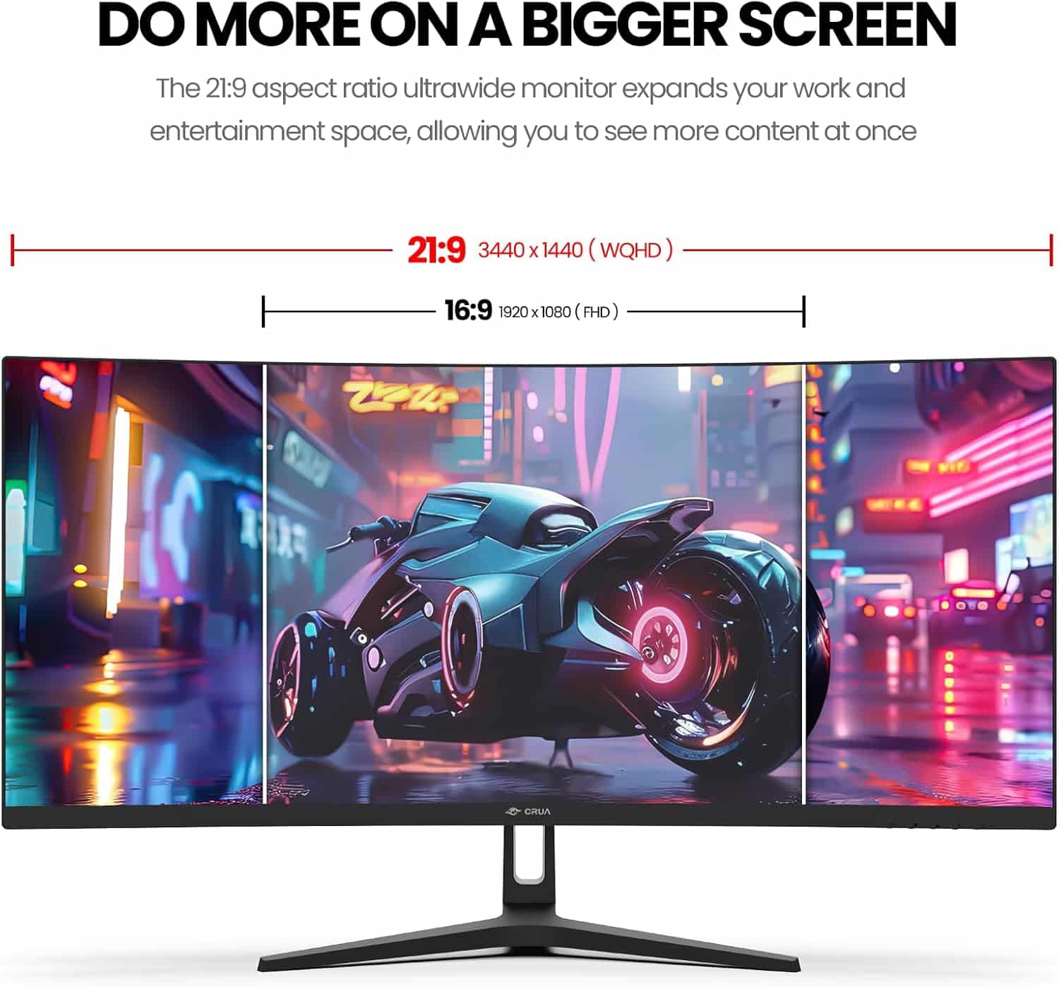 CRUA 34Inch Ultrawide Gaming Monitor, WQHD(3440 * 1440P) 144Hz/165Hz Curved Monitor,99% sRGB, Computer Monitor That Supports AMD Freesync, Wall Mountable Installs(HDMI, DP)-Black